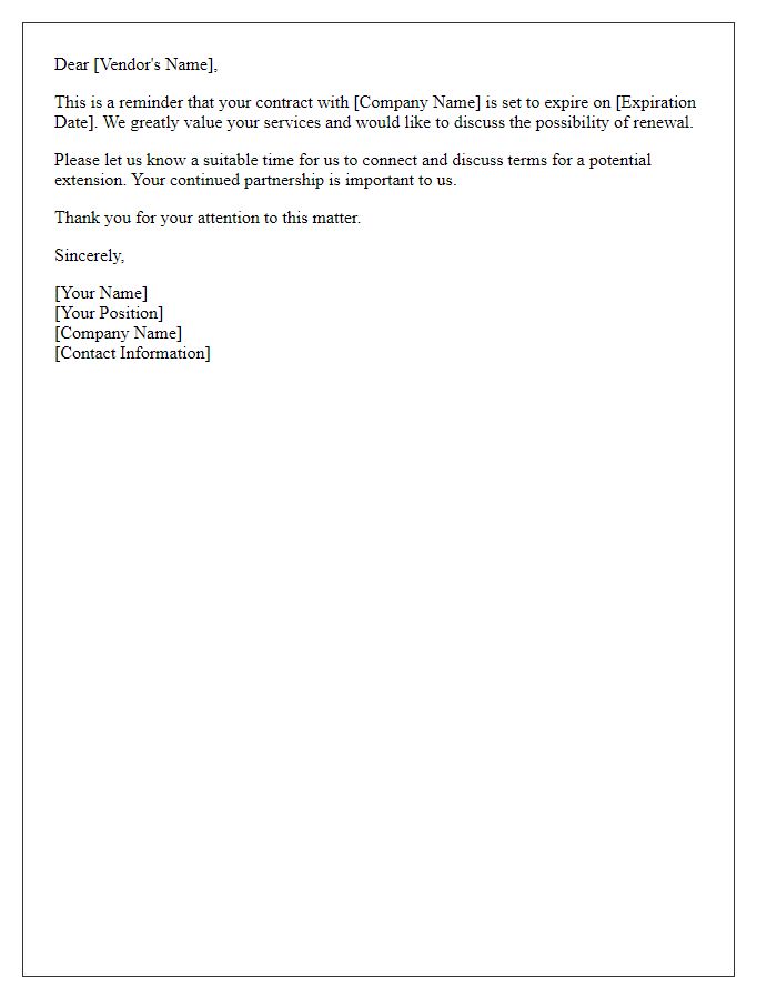 Letter template of reminder for expiring vendor contract