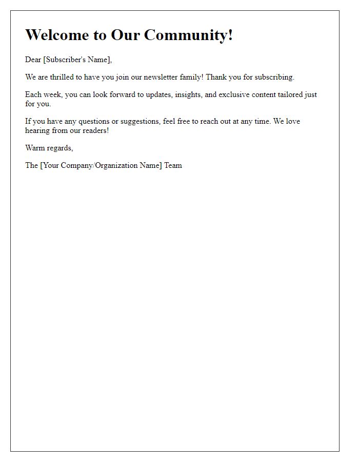 Letter template of friendly welcome for new newsletter subscribers.