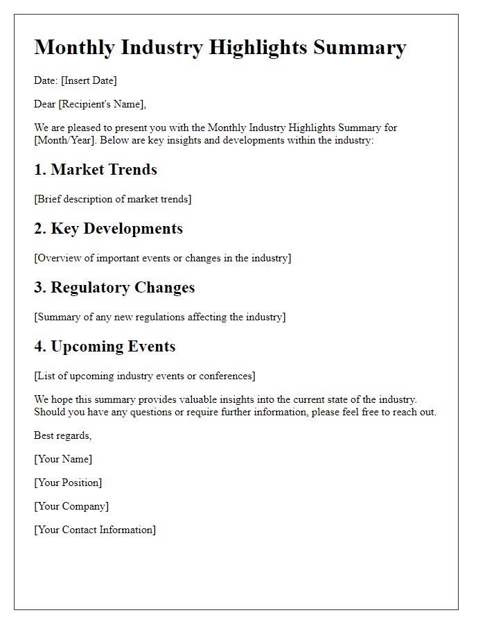 Letter template of Monthly Industry Highlights Summary