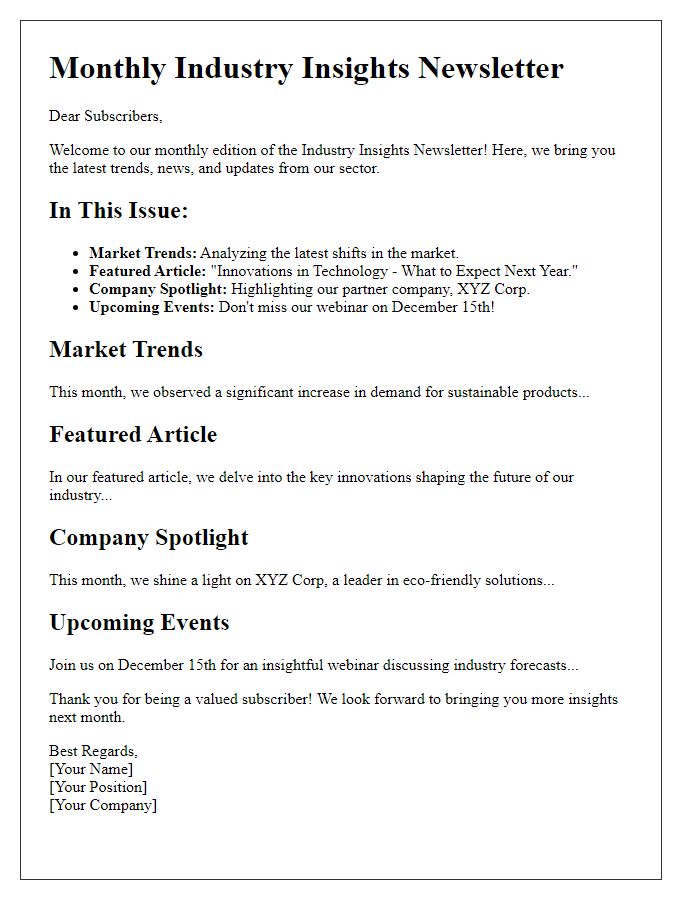 Letter template of Monthly Industry Insights Newsletter