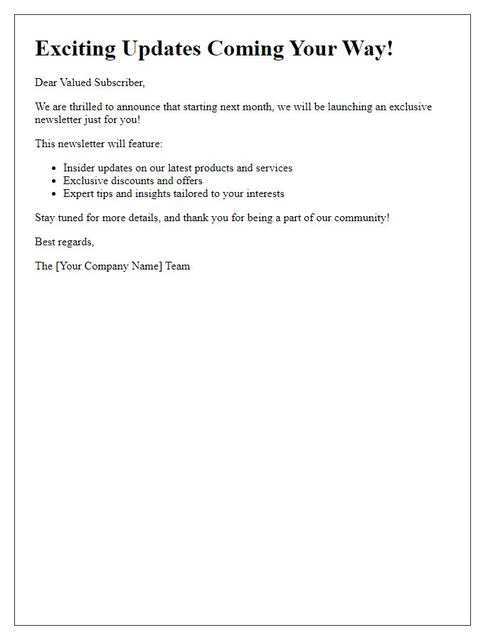 Letter template of exclusive newsletter updates announcement