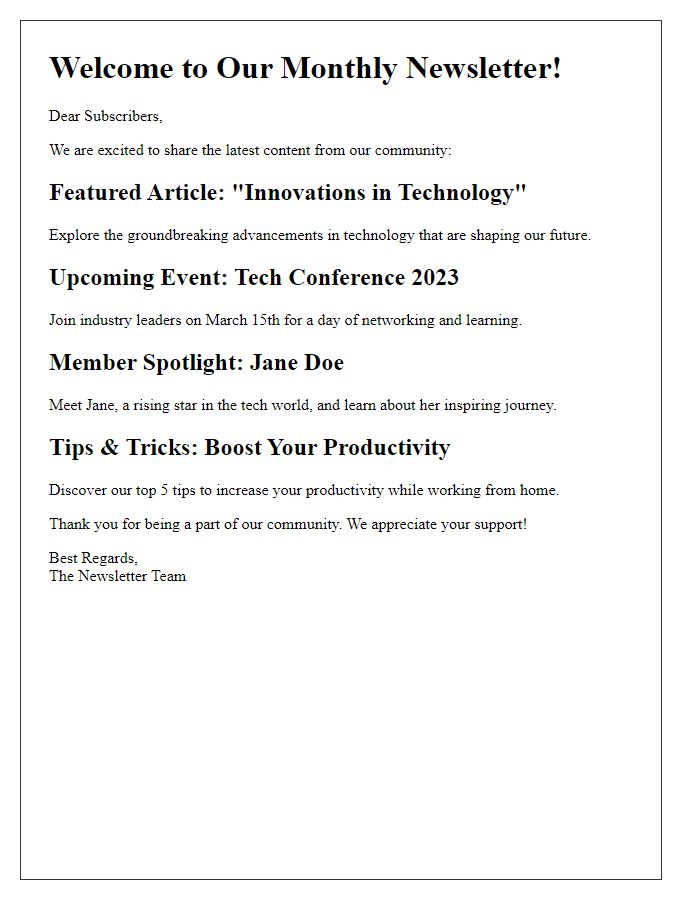 Letter template of new newsletter content showcase