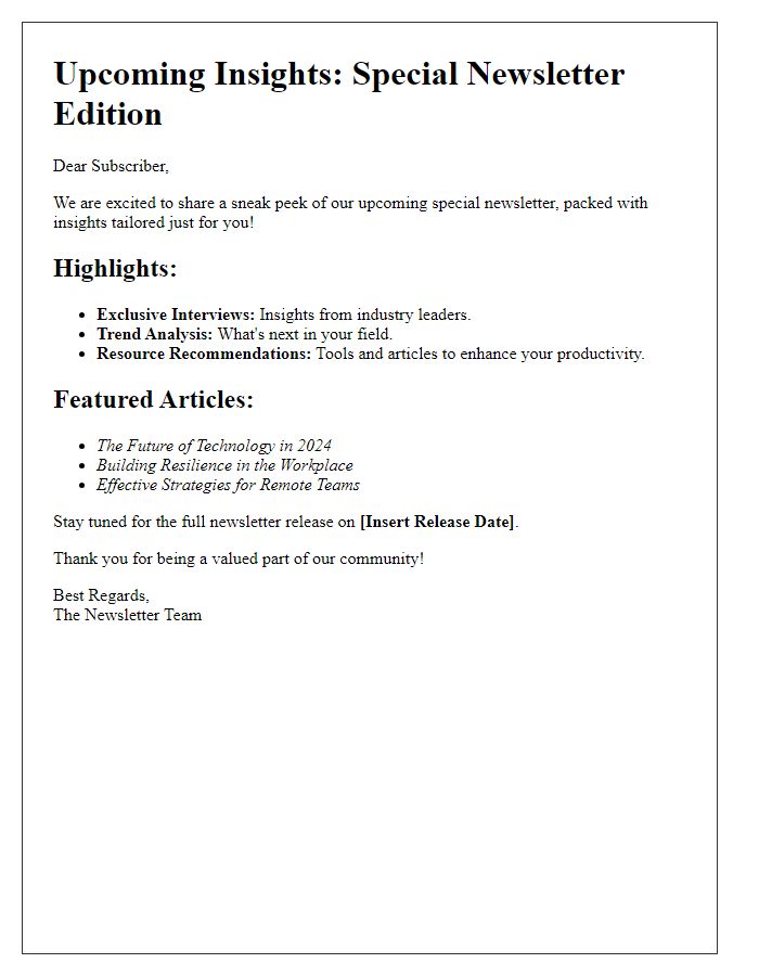 Letter template of special newsletter insights preview