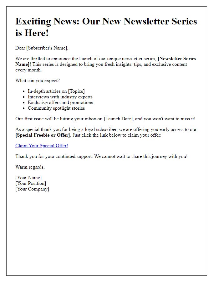 Letter template of unique newsletter series launch