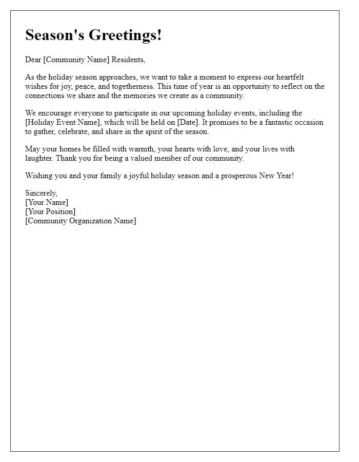 Letter template of community holiday greetings for seasonal newsletters