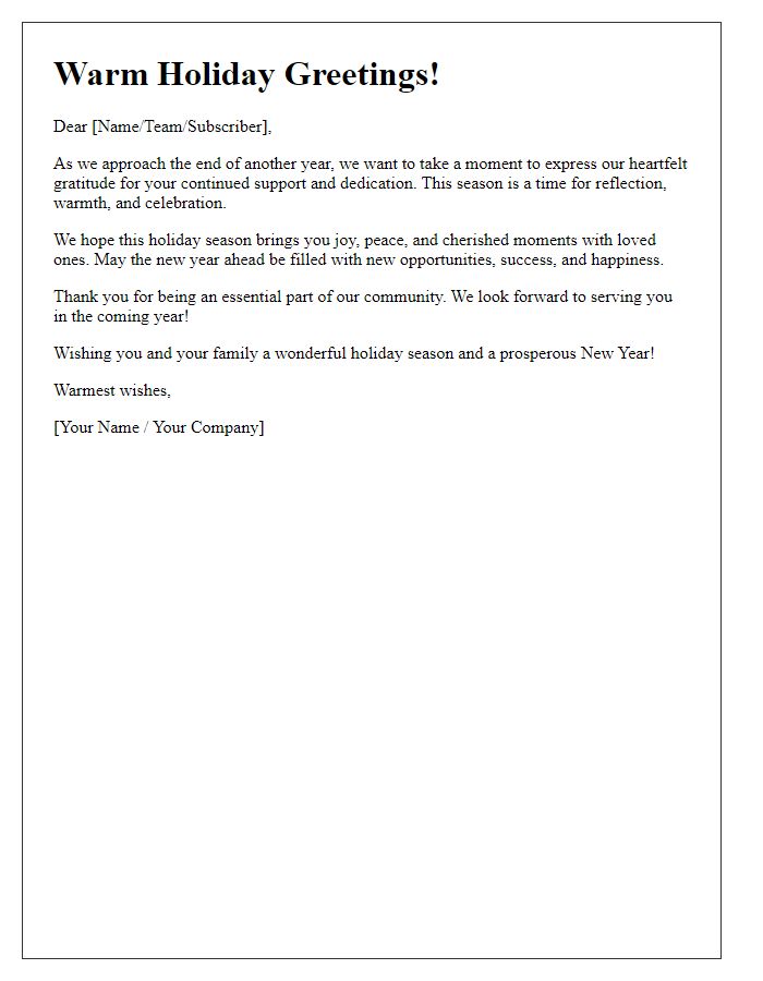 Letter template of end-of-year holiday greetings for newsletters