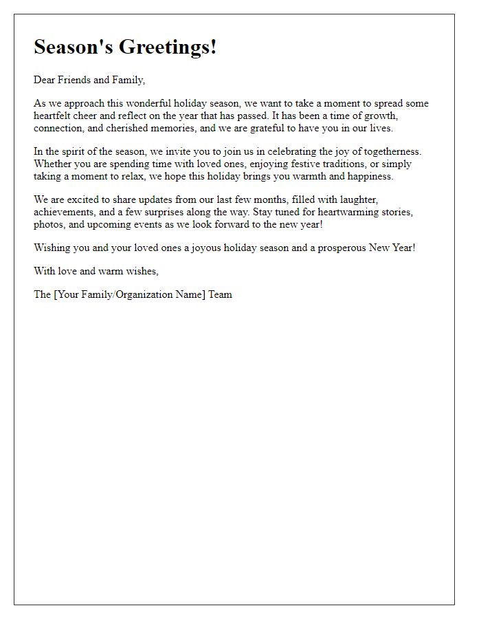 Letter template of heartfelt holiday cheer for newsletter updates