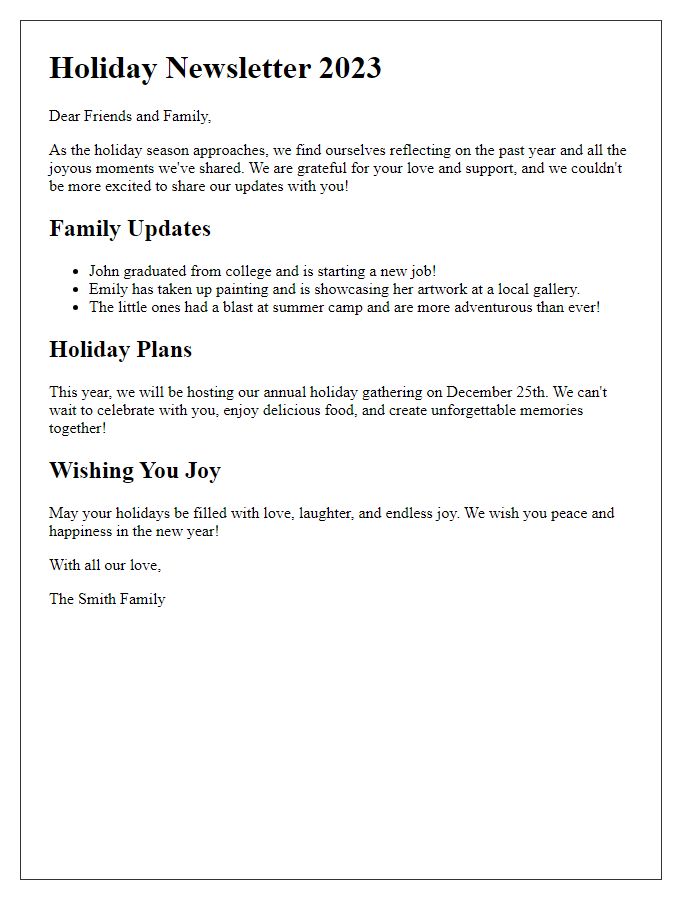 Letter template of joyous holiday newsletter messages