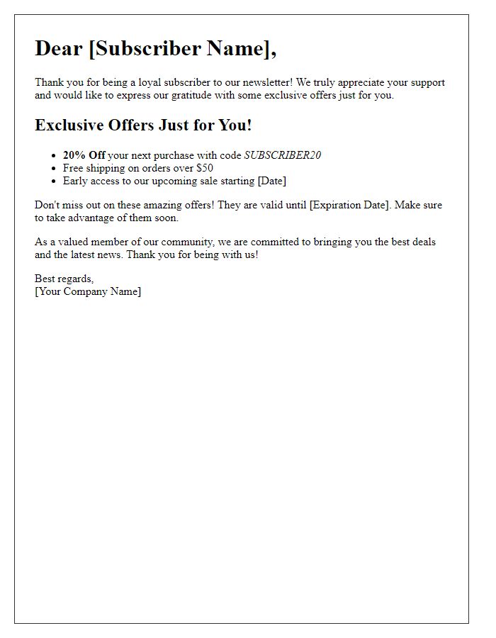 Letter template of exclusive offers for newsletter subscribers.