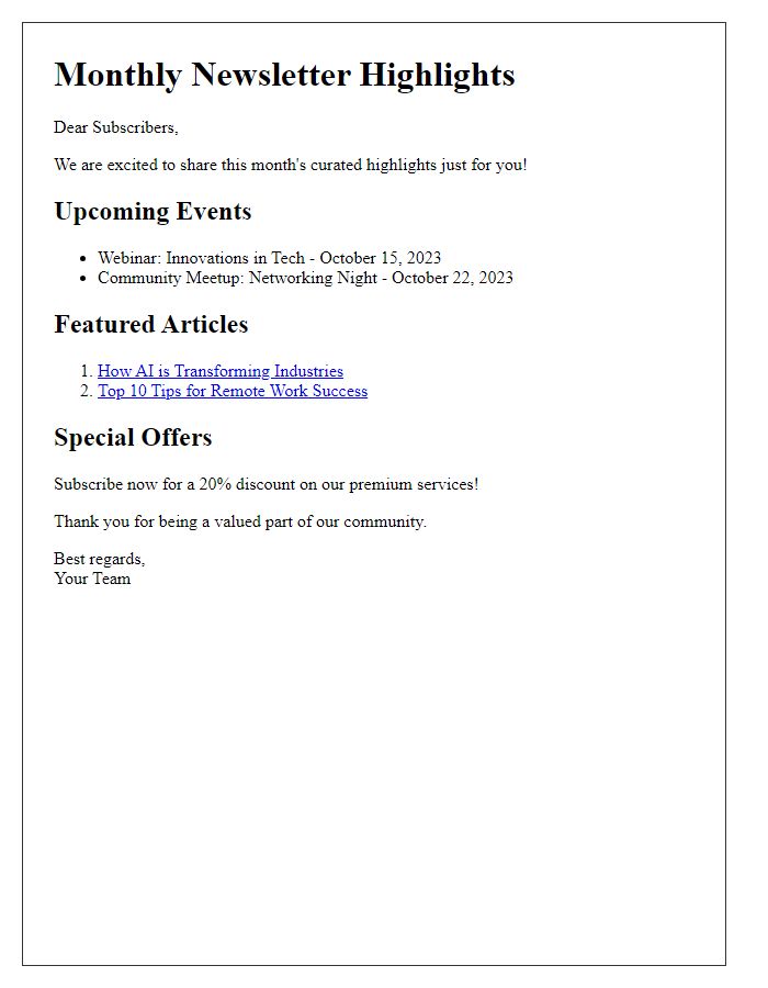 Letter template of curated newsletter highlights