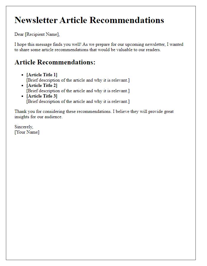 Letter template of newsletter article recommendations