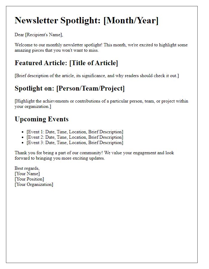 Letter template of newsletter spotlight pieces