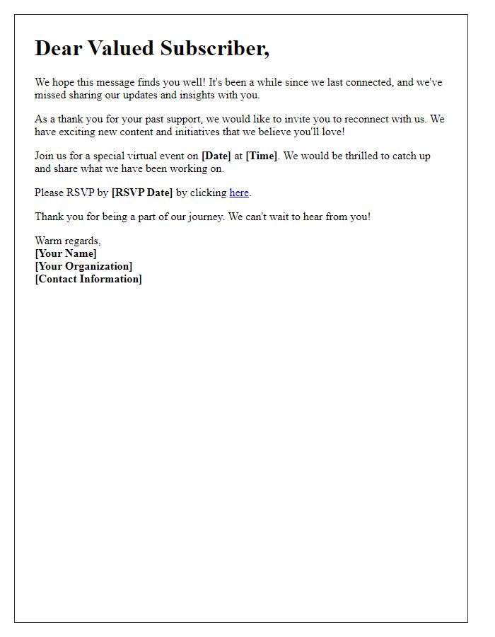 Letter template of invitation to reconnect with past newsletter fans