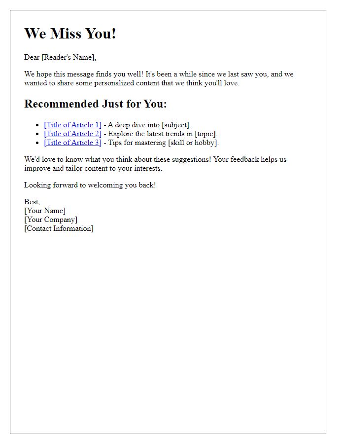 Letter template of personalized content suggestions for dormant readers