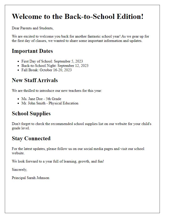 Letter template of a back-to-school newsletter edition