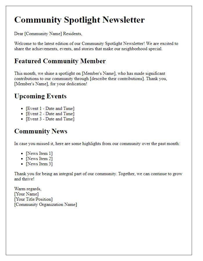 Letter template of a community spotlight newsletter edition