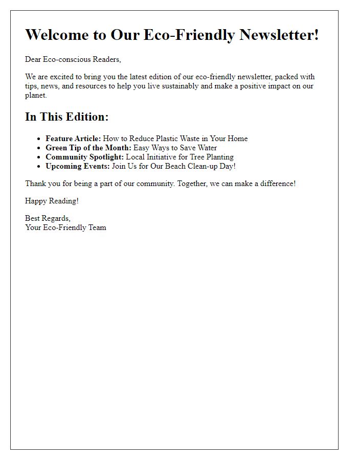 Letter template of an eco-friendly newsletter edition