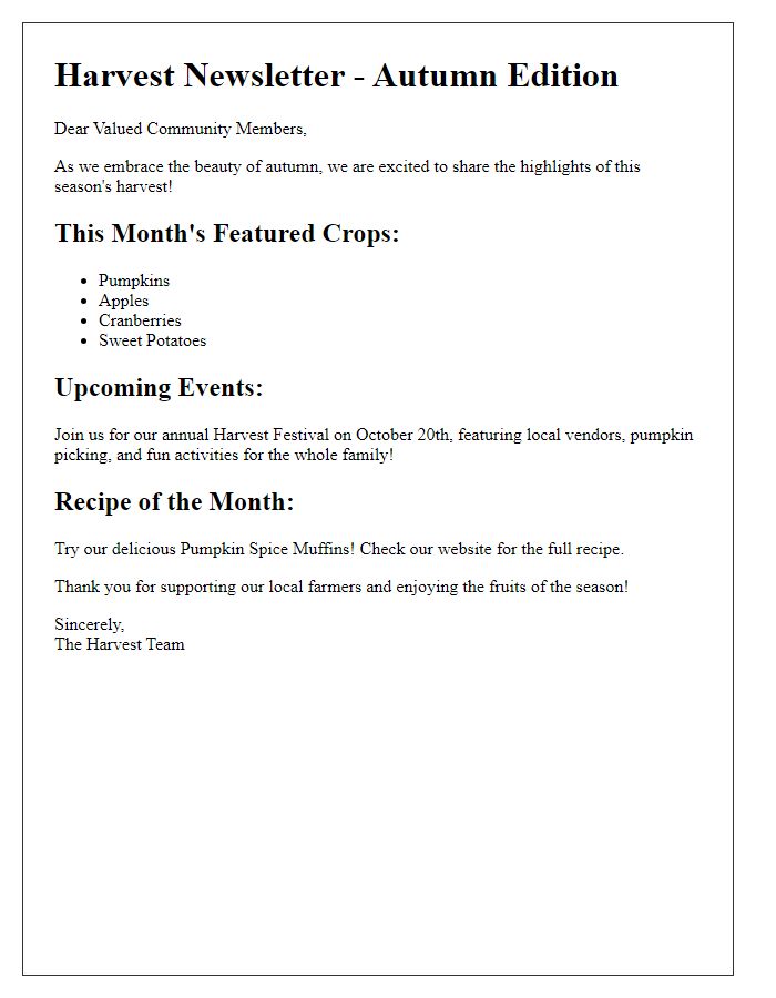 Letter template of a seasonal harvest newsletter edition