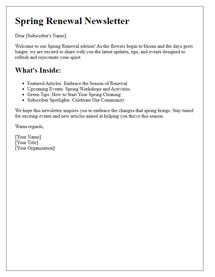 Letter template of a spring renewal newsletter edition