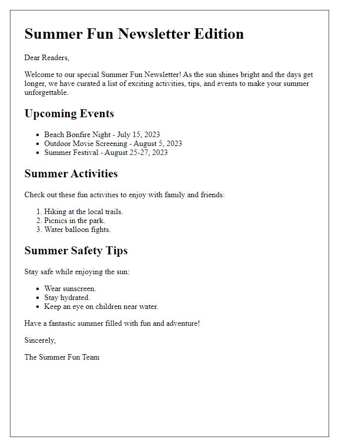 Letter template of a summer fun newsletter edition