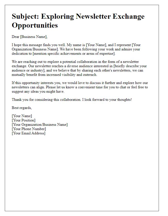 Letter template of exploring newsletter exchange opportunities with businesses.