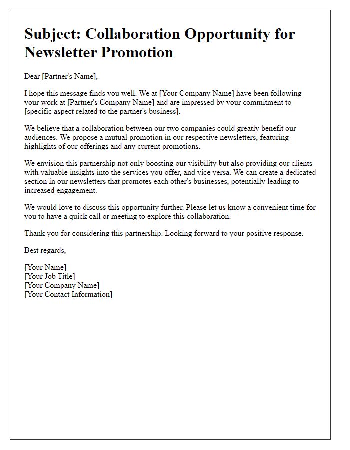 Letter template of mutual newsletter promotion for business partnerships.