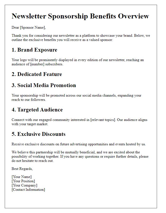 Letter template of newsletter sponsorship benefits overview