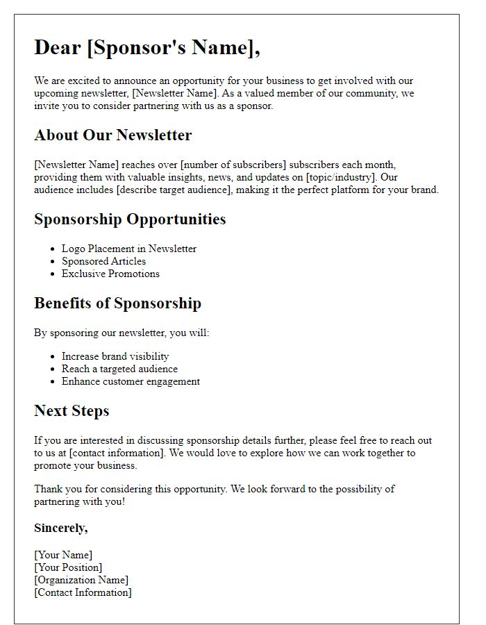 Letter template of newsletter sponsorship information for potential sponsors