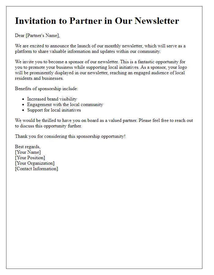 Letter template of newsletter sponsorship invitation for local partners