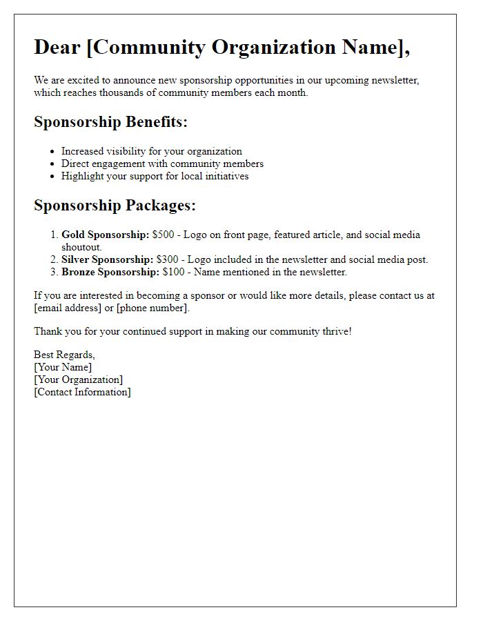 Letter template of newsletter sponsorship opportunities for community organizations