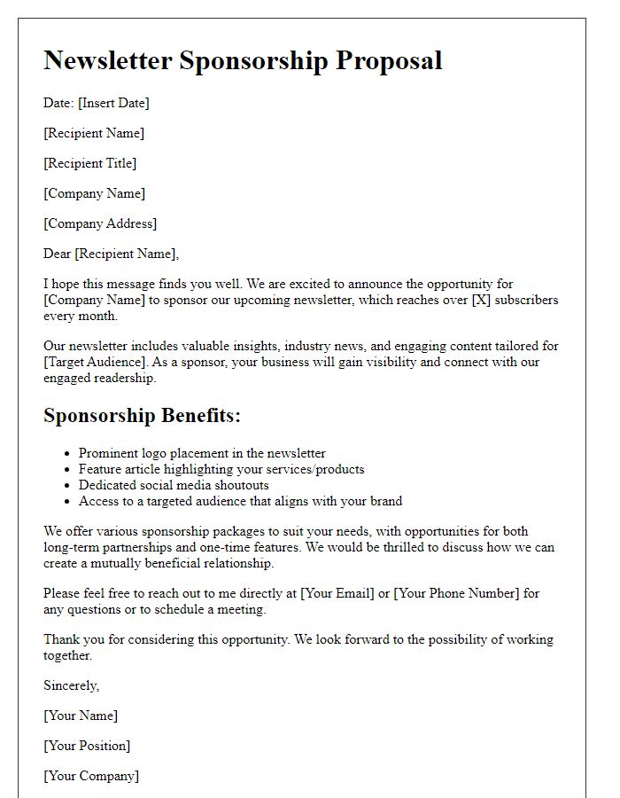 Letter template of newsletter sponsorship proposal for businesses