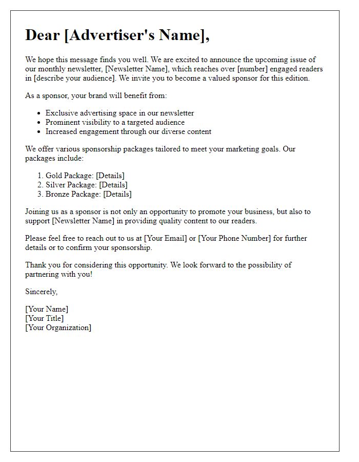 Letter template of newsletter sponsorship solicitation for advertisers