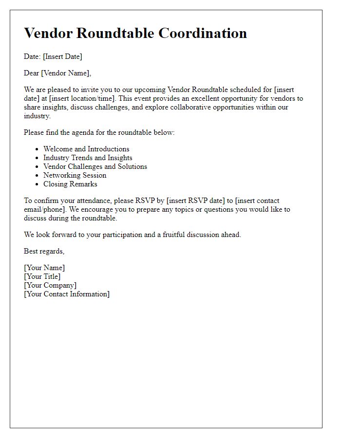 Letter template of Coordination for Vendor Roundtable