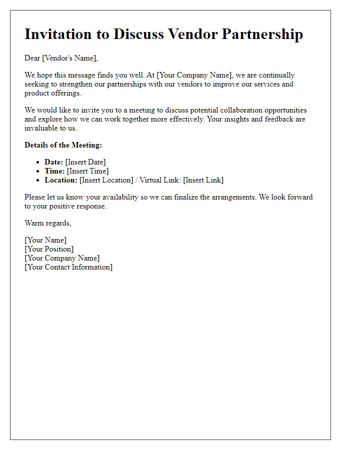 Letter template of Invitation to Discuss Vendor Partnership