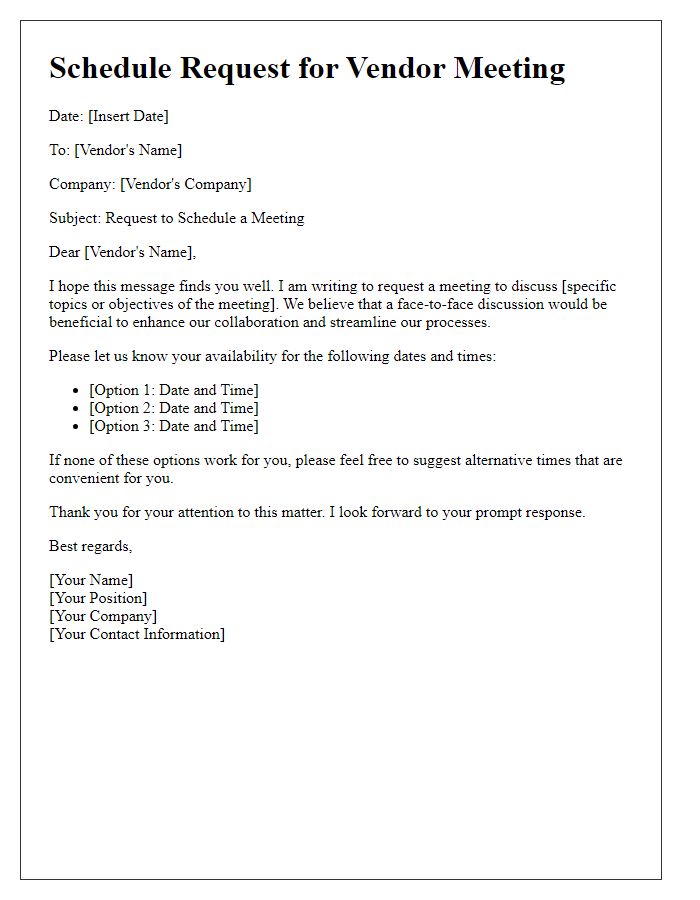 Letter template of Schedule Request for Vendor Meeting