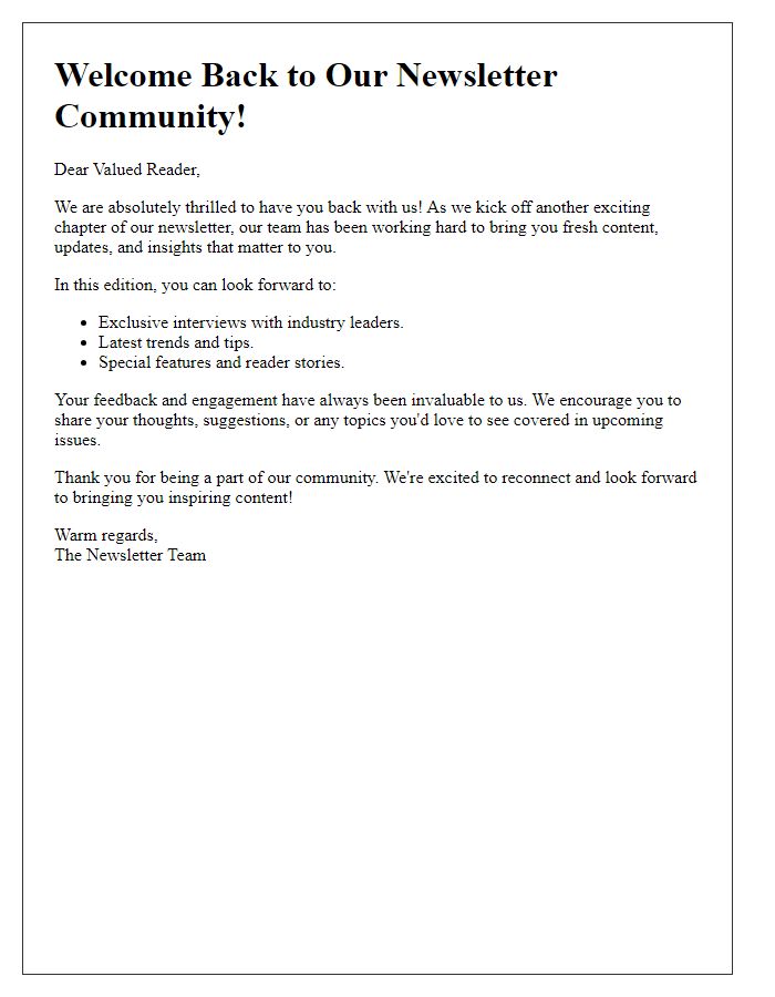 Letter template of a warm welcome back to our newsletter community