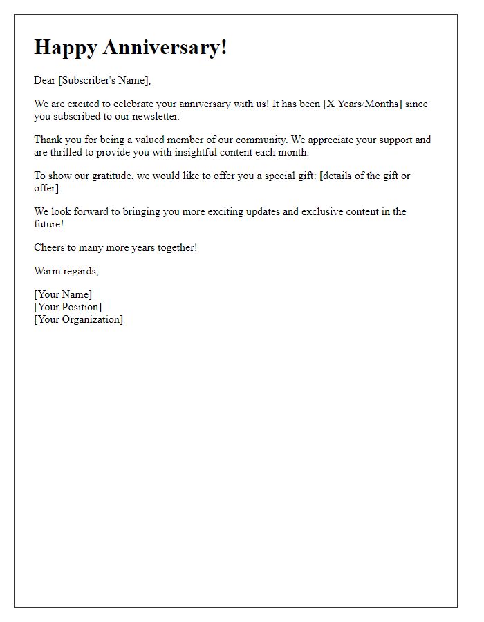 Letter template of Honoring Your Newsletter Subscription Anniversary