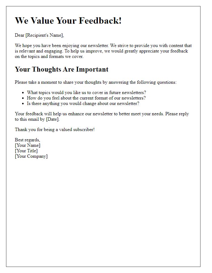 Letter template of collecting feedback on newsletter topics and formats