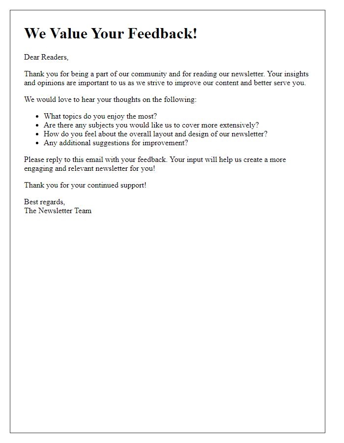 Letter template of engaging readers for newsletter feedback and improvements