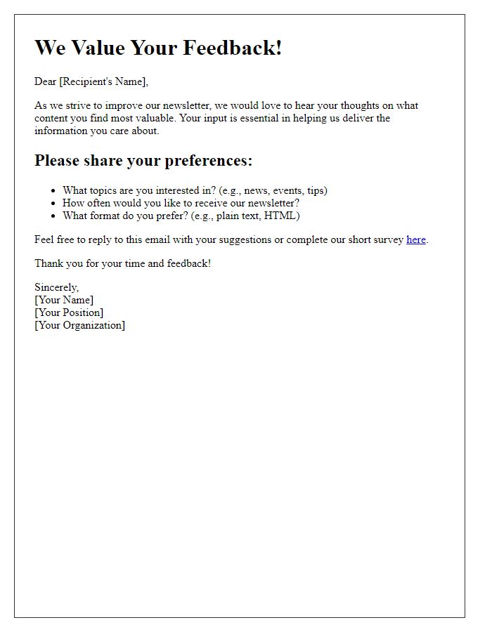 Letter template of seeking input on newsletter preferences