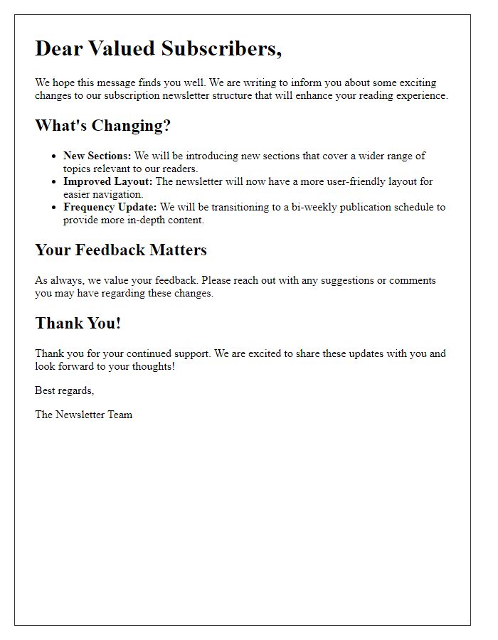 Letter template of Changes to Our Subscription Newsletter Structure