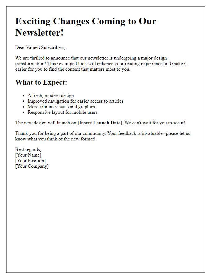 Letter template of Upcoming Newsletter Design Transformation