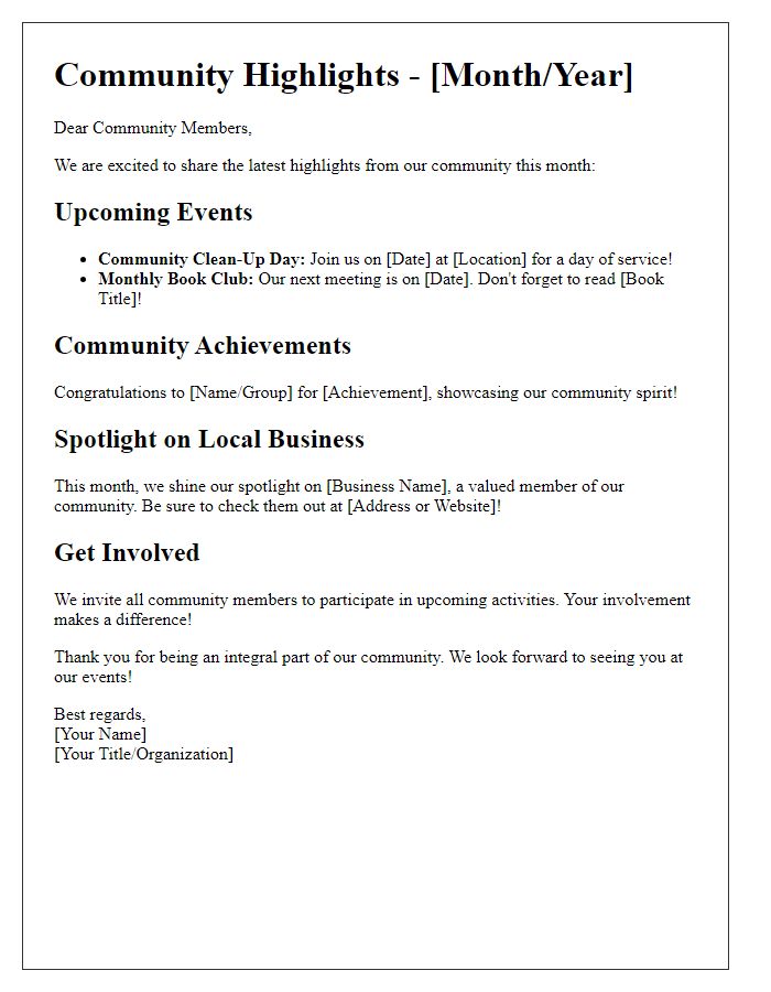 Letter template of community highlights for our newsletter