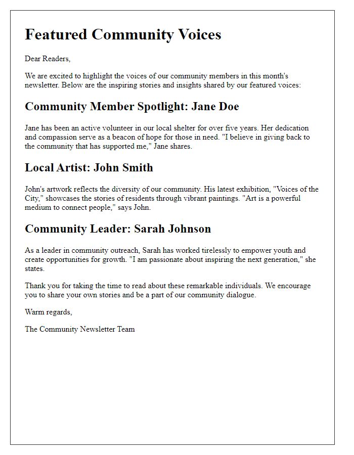 Letter template of featured community voices in our newsletter