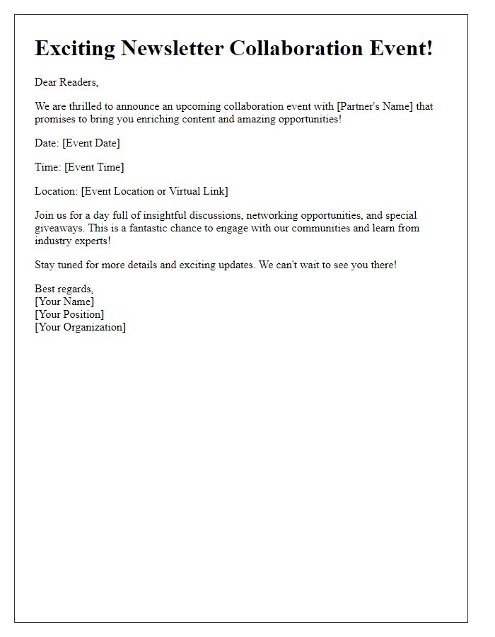 Letter template of announcement for newsletter collaboration event