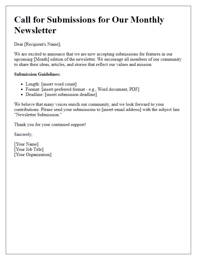 Letter template of call for submissions for newsletter features