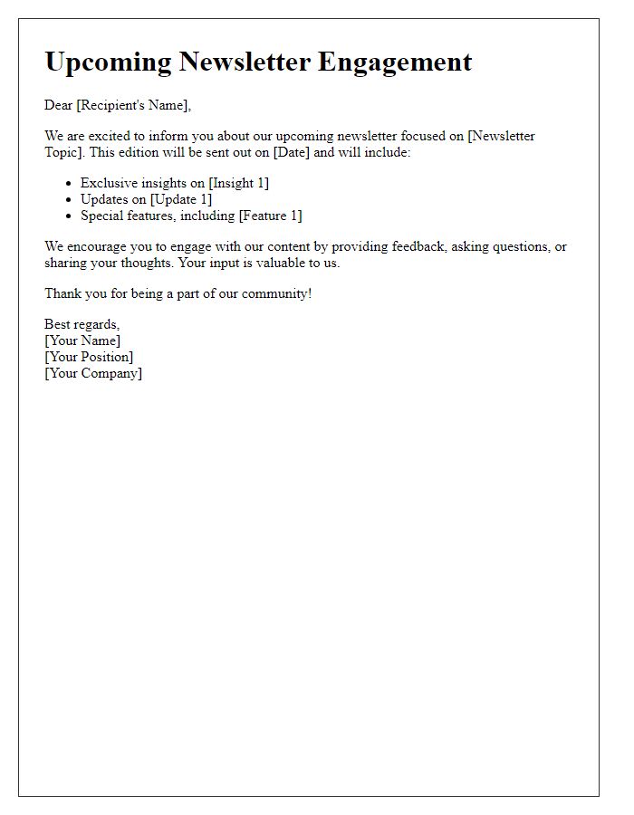 Letter template of notification for upcoming newsletter engagement