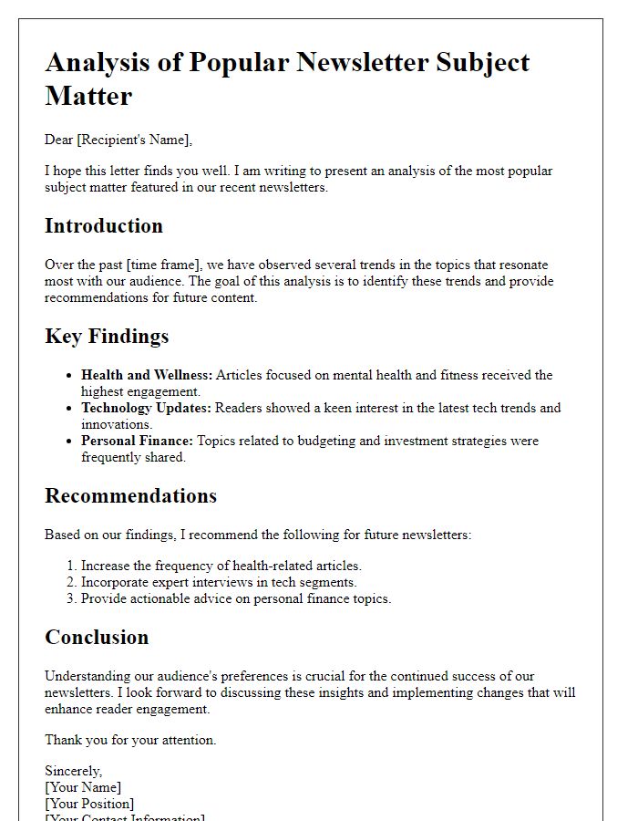 Letter template of analysis on popular newsletter subject matter.