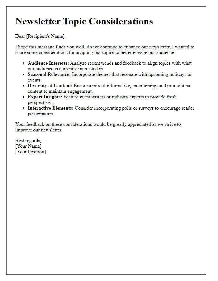 Letter template of considerations for adapting newsletter topics.