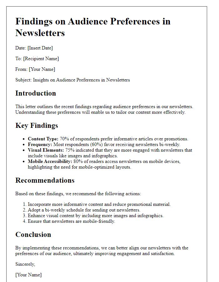 Letter template of findings on audience preferences in newsletters.